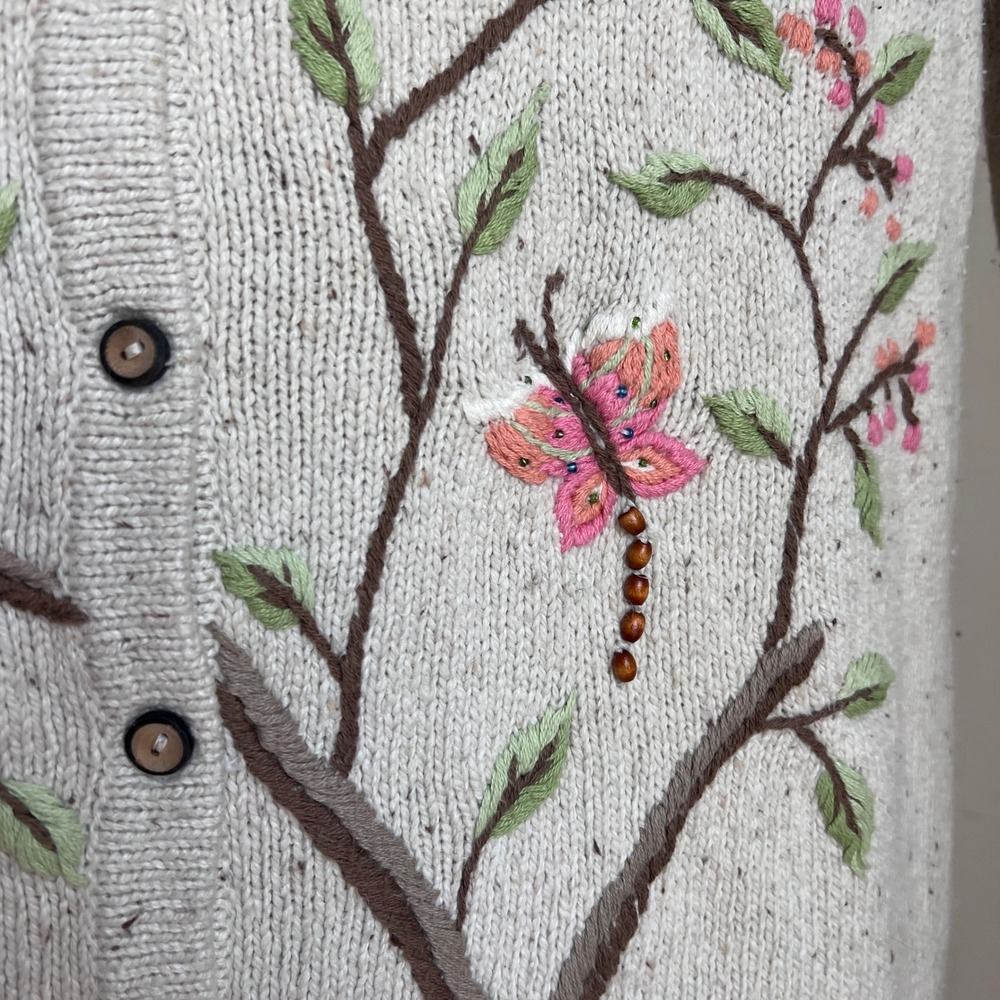 Vintage Embroidered Bird Butterfly Cardigan Beaded Oatmeal Knit Cottagecore Boho - Picture 4 of 8